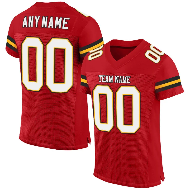 Football Jersey With Hip-Hop Vibe-Custom Red White-Gold Mesh Authentic Football Jersey