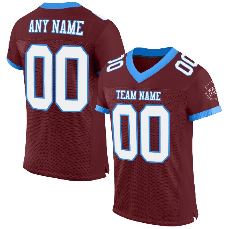 Football Jersey With High Mobility Design-Custom Burgundy White-Powder Blue Mesh Authentic Football Jersey