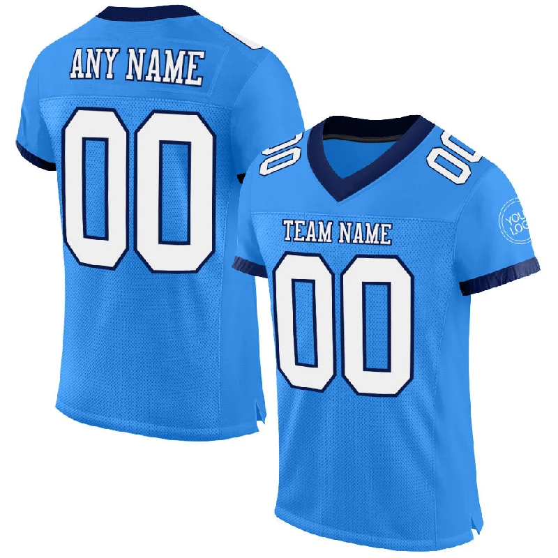 Football Jersey With Inspirational Quotes-Custom Powder Blue White-Navy Mesh Authentic Football Jersey