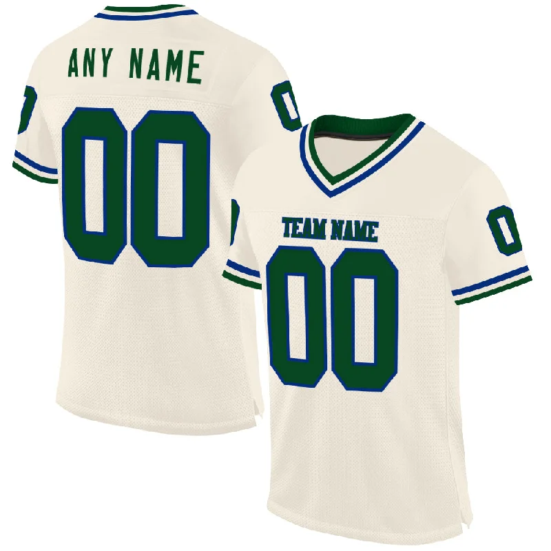 Football Jersey With Extended Length-Custom Cream Green-Royal Mesh Authentic Throwback Football Jersey