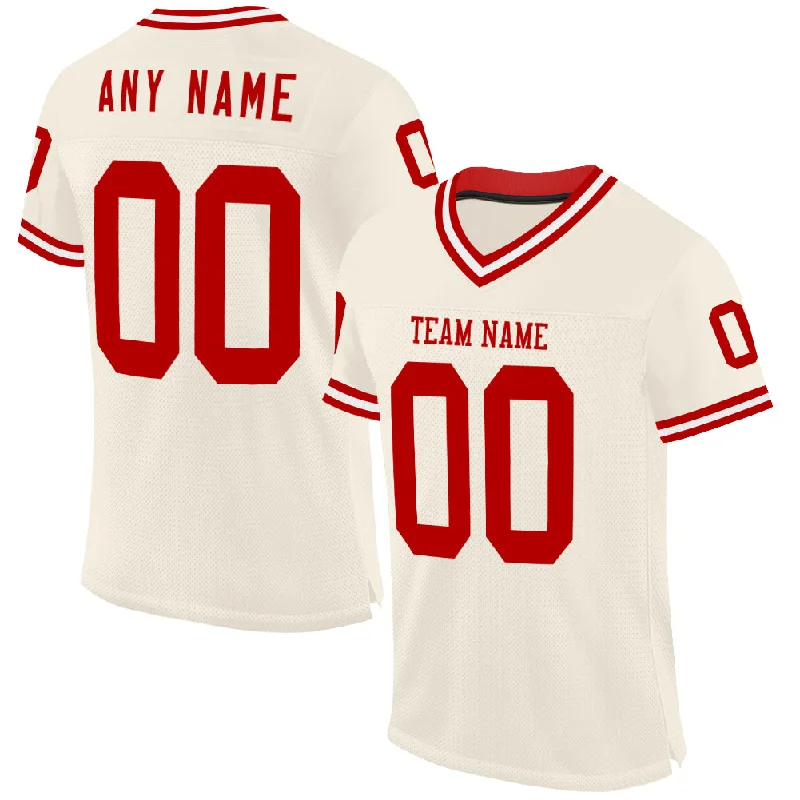 Football Jersey With Reinforced Neckline-Custom Cream Red-White Mesh Authentic Throwback Football Jersey