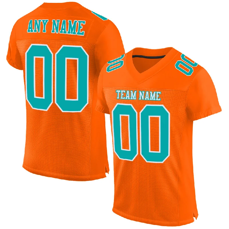 Football Jersey With Reflective Details-Custom Orange Aqua-White Mesh Authentic Football Jersey