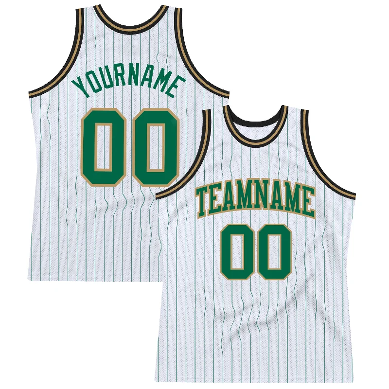 Basketball Jersey With Performance Fabric-Custom White Kelly Green Pinstripe Kelly Green Old Gold-Black Authentic Basketball Jersey