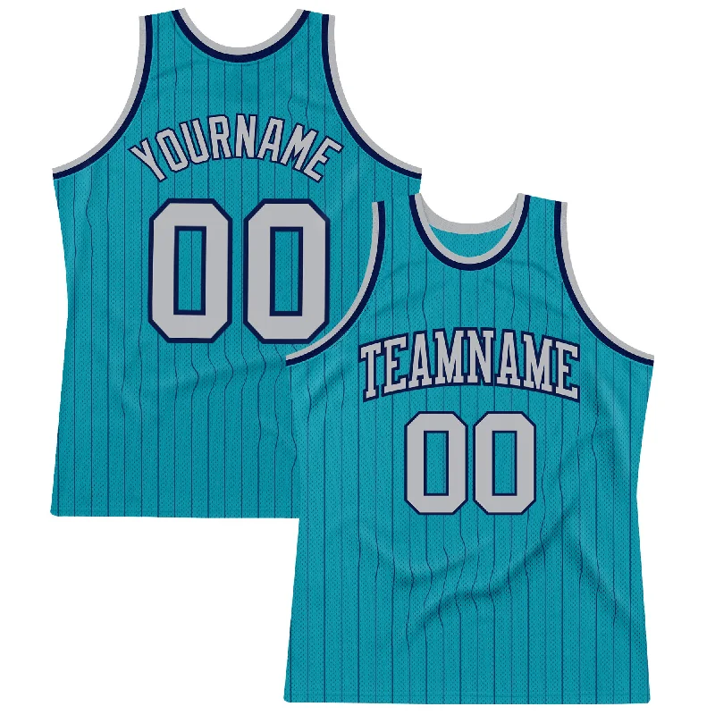 Basketball Jersey With College Team Logos-Custom Teal Navy Pinstripe Gray Authentic Basketball Jersey