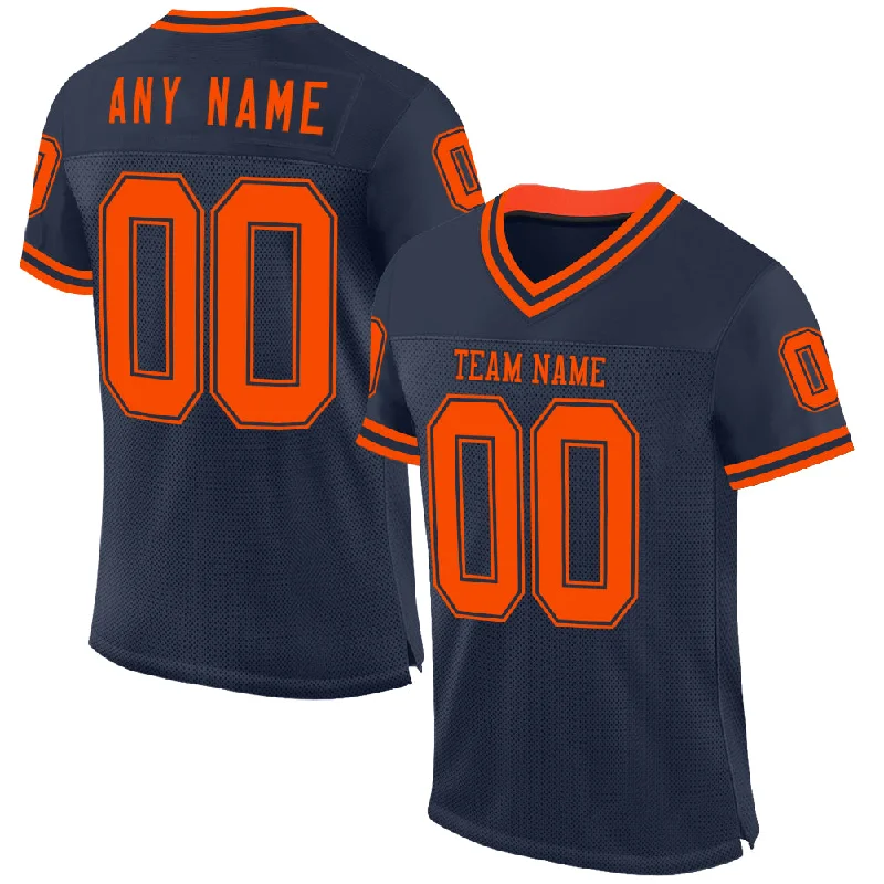 Football Jersey For Coaches-Custom Navy Orange Mesh Authentic Throwback Football Jersey