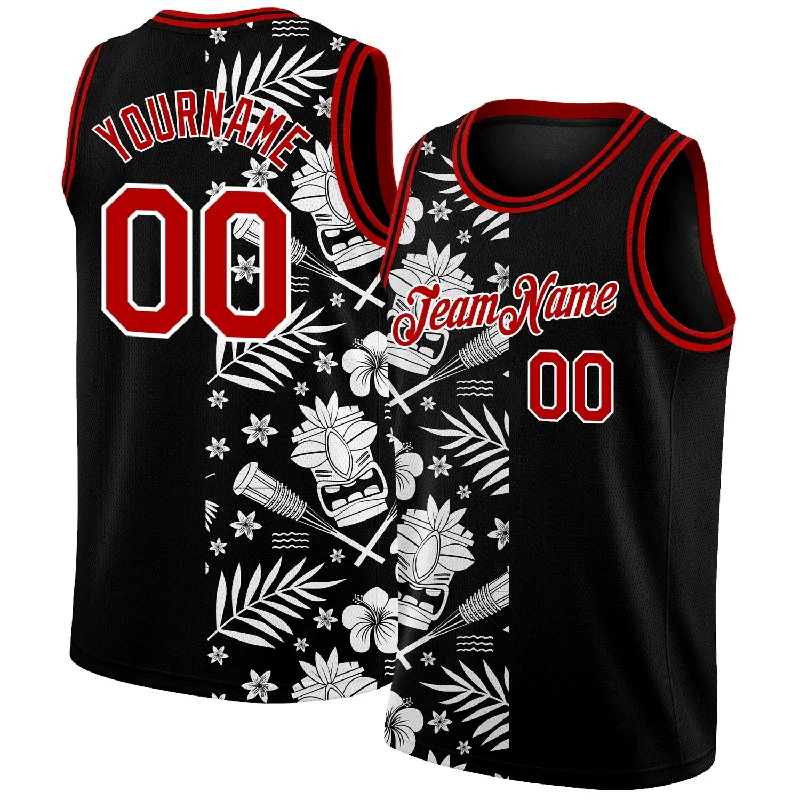 Basketball Jersey With Sleeveless Design-Custom Black Red-White 3D Pattern Hawaii Palm Leaves Authentic Basketball Jersey