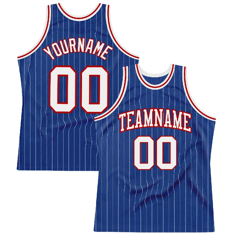 Basketball Jersey With Gold Accents-Custom Royal White Pinstripe White-Red Authentic Basketball Jersey