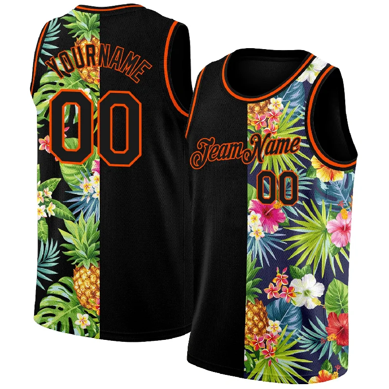 Basketball Jersey With Side Zippers-Custom Black Orange 3D Pattern Tropical Pineapples Hawaii Palm Leaves And Flowers Authentic Basketball Jersey