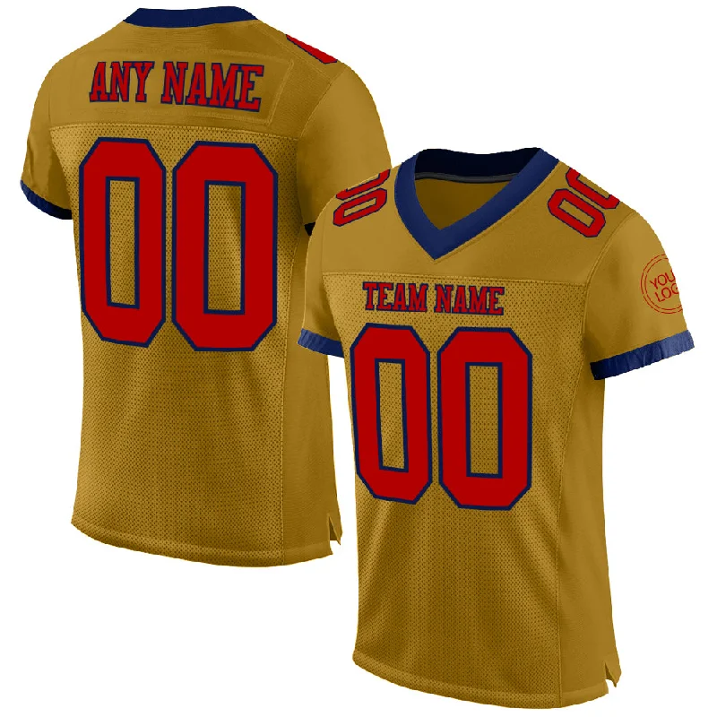 Football Jersey With Sublimated Print-Custom Old Gold Red-Navy Mesh Authentic Football Jersey