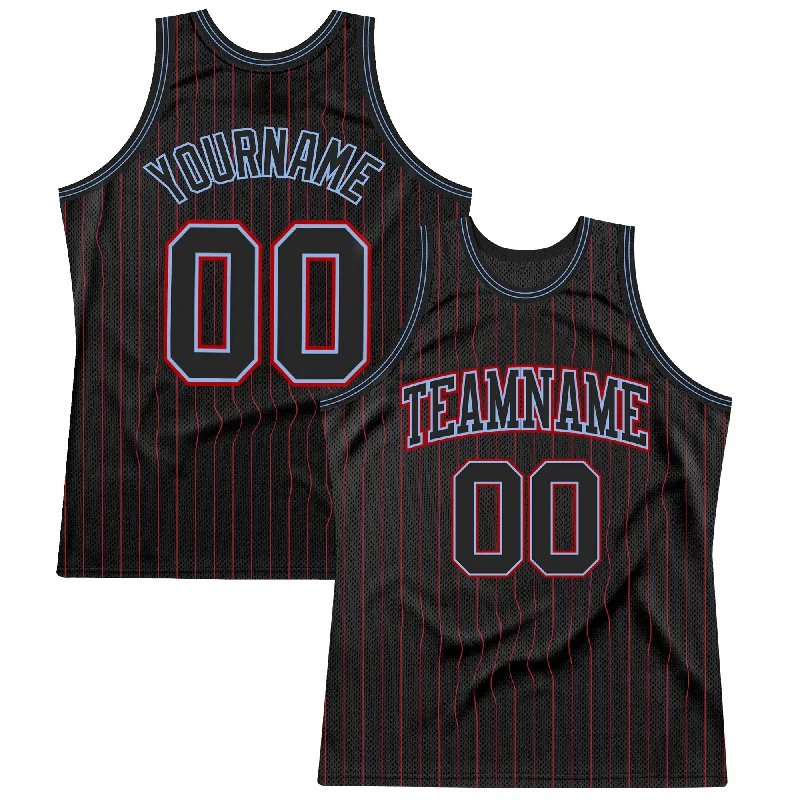 Basketball Jersey With 3D Embroidery-Custom Black Red Pinstripe Black Light Blue-Red Authentic Basketball Jersey