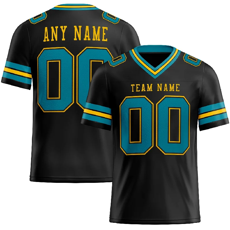 Football Jersey With Ultra-Lightweight Feel-Custom Black Teal-Yellow Mesh Authentic Football Jersey