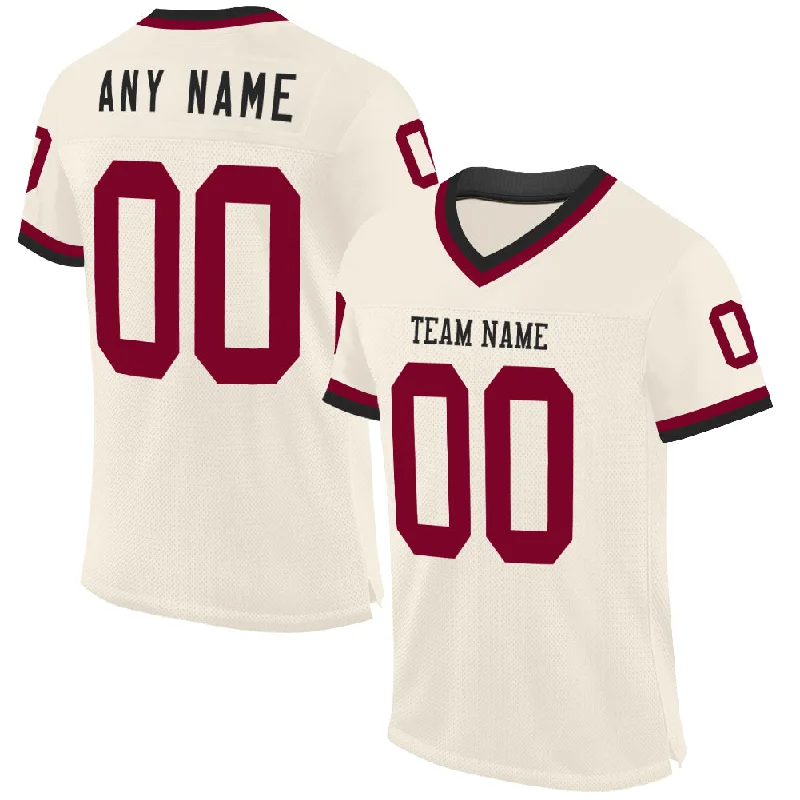 Football Jersey With Adjustable Fit-Custom Cream Maroon-Black Mesh Authentic Throwback Football Jersey