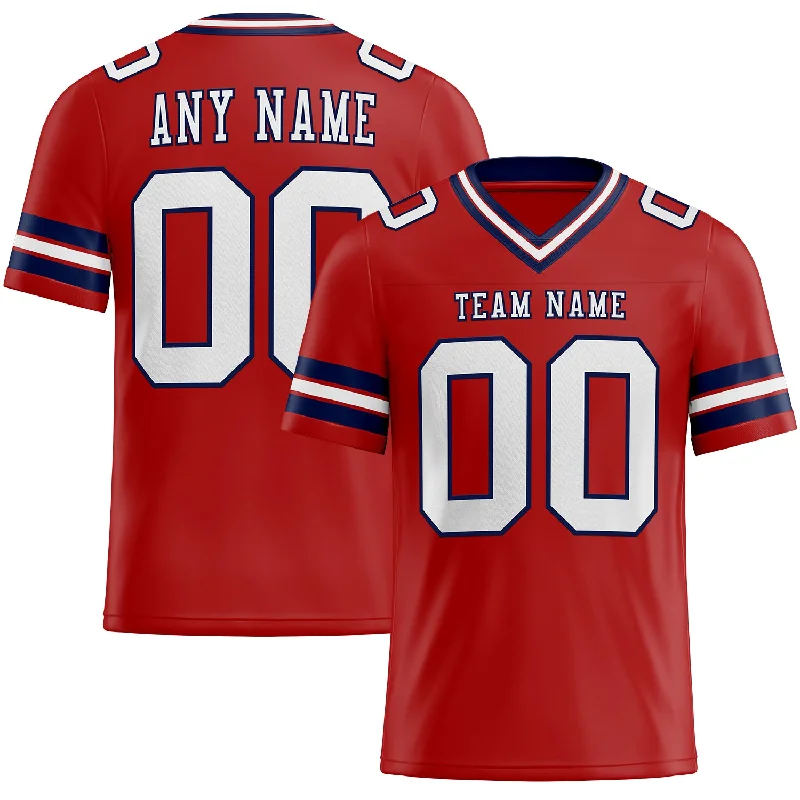 Football Jersey With V-Neck Collar-Custom Red White-Navy Mesh Authentic Football Jersey