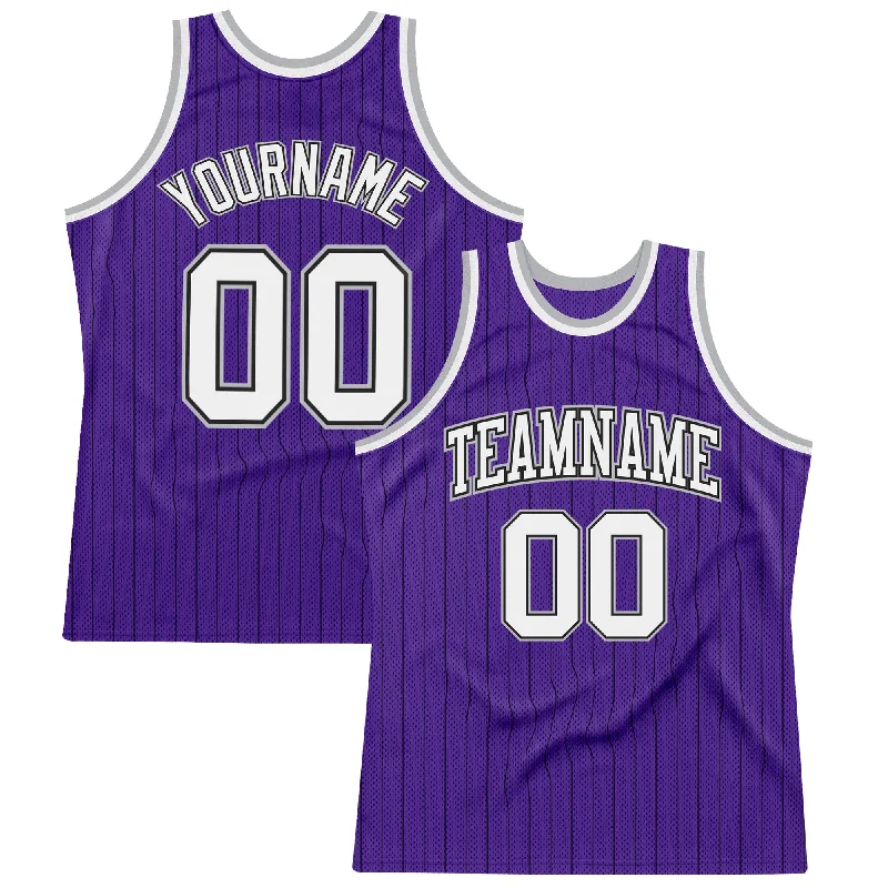 Basketball Jersey With No-Chafe Seams-Custom Purple Black Pinstripe White-Gray Authentic Basketball Jersey