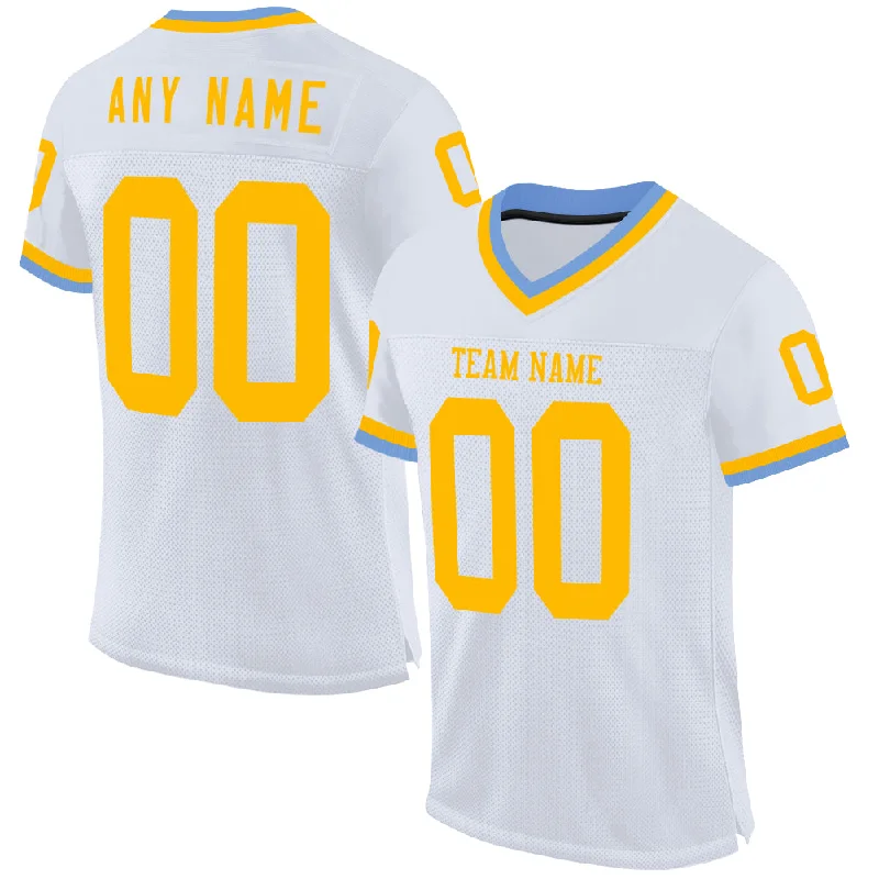 Football Jersey With No-Chafe Seams-Custom White Gold-Light Blue Mesh Authentic Throwback Football Jersey