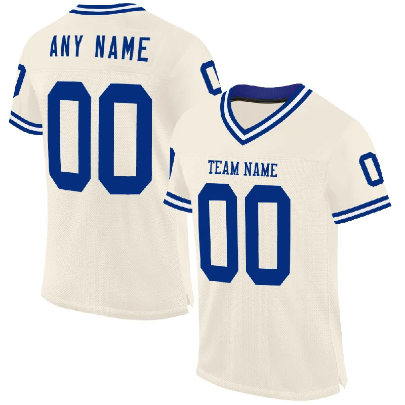 Football Jersey With Minimal Branding-Custom Cream Royal-White Mesh Authentic Throwback Football Jersey