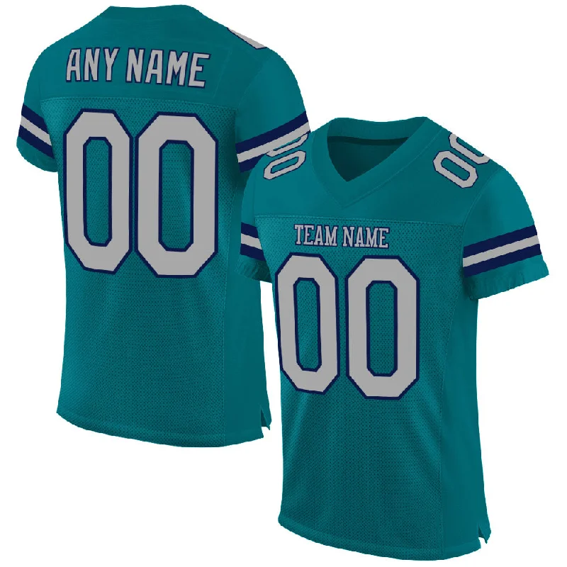 Football Jersey With Vintage Look-Custom Teal Gray-Navy Mesh Authentic Football Jersey