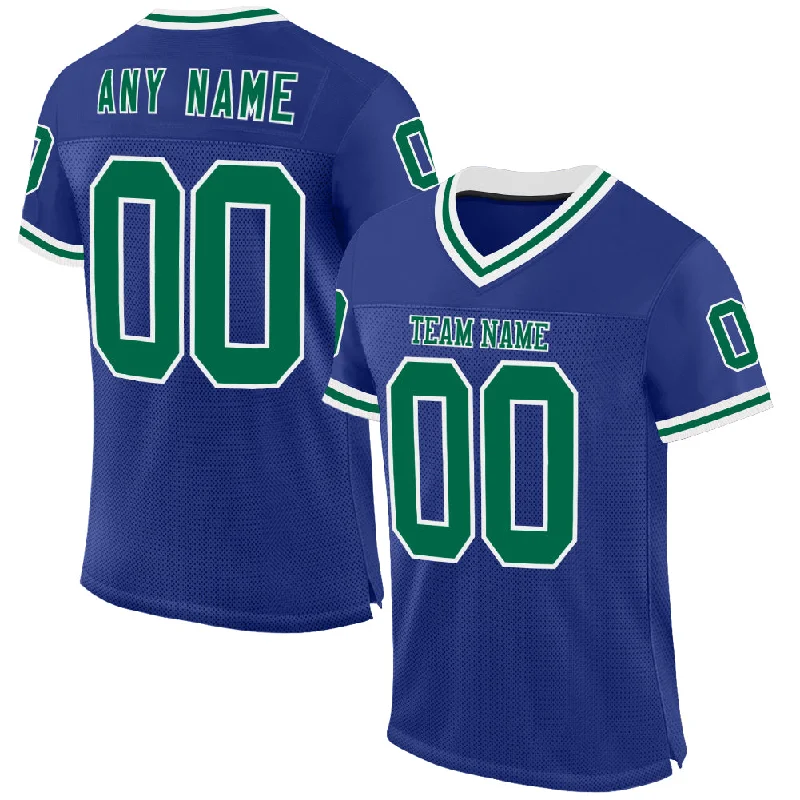 Football Jersey With Matching Shorts-Custom Royal Kelly Green-White Mesh Authentic Throwback Football Jersey