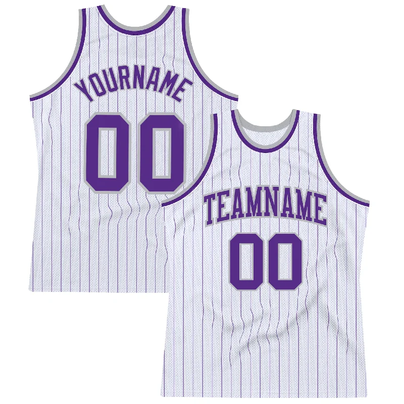 Basketball Jersey With Patches-Custom White Purple Pinstripe Purple-Gray Authentic Basketball Jersey