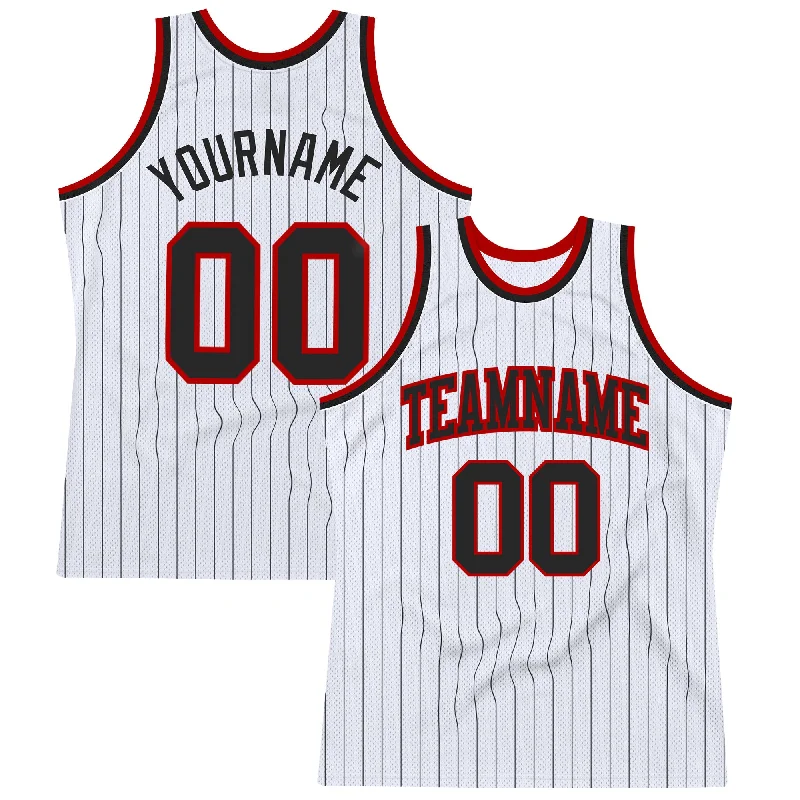 Basketball Jersey With Color Block Pattern-Custom White Black Pinstripe Black-Red Authentic Basketball Jersey