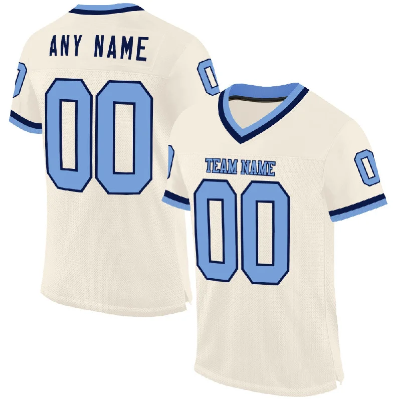 Football Jersey With Motion-Flex Tech-Custom Cream Light Blue-Navy Mesh Authentic Throwback Football Jersey