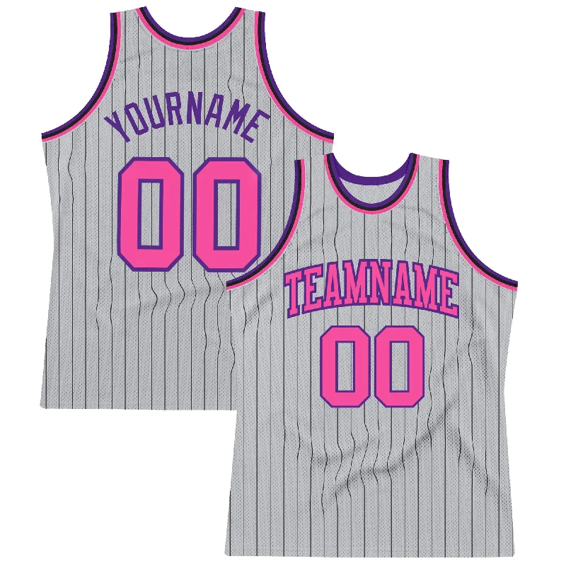 Basketball Jersey With Puffy Print-Custom Gray Black Pinstripe Pink-Purple Authentic Basketball Jersey