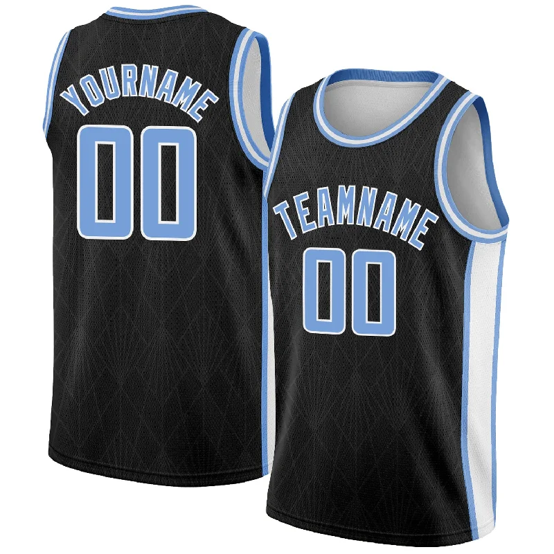 Basketball Jersey With V-Neck Collar-Custom Black Light Blue-White Geometric Shapes And Side Stripes Authentic City Edition Basketball Jersey