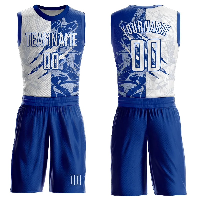 Basketball Jersey With Red And Blue-Custom Graffiti Pattern White-Royal Scratch Round Neck Sublimation Basketball Suit Jersey