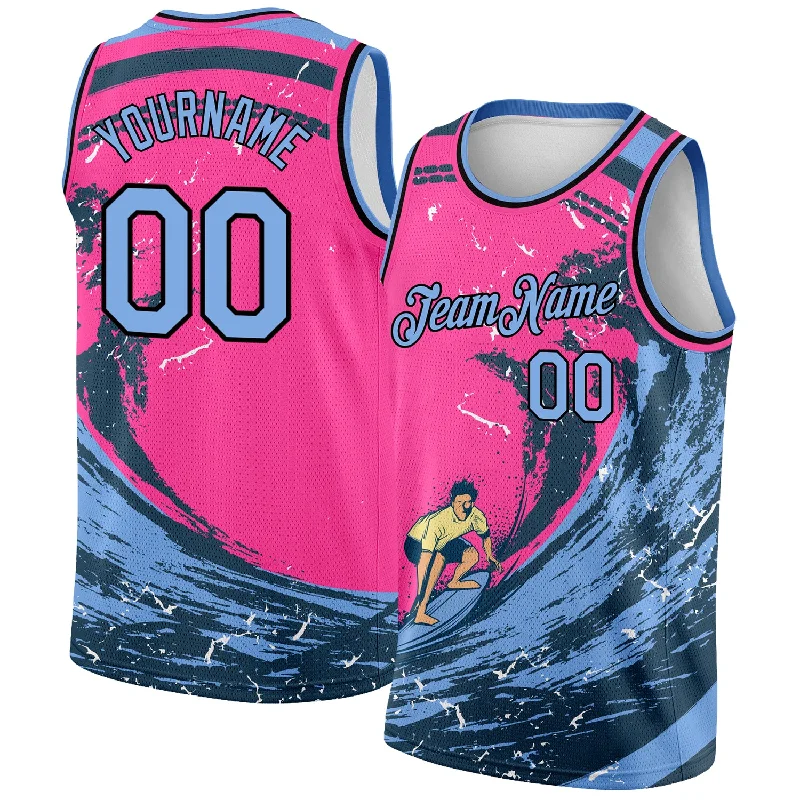 Basketball Jersey With Retro Design-Custom Pink Light Blue-Black 3D Pattern Summer Beach Surfing Authentic Basketball Jersey