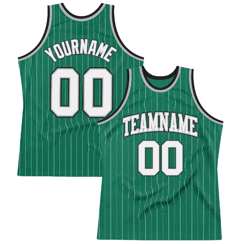 Basketball Jersey With Reinforced Neckline-Custom Kelly Green White Pinstripe White Gray-Black Authentic Basketball Jersey