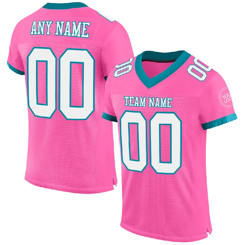 Football Jersey With Double Stitching-Custom Pink White-Teal Mesh Authentic Football Jersey