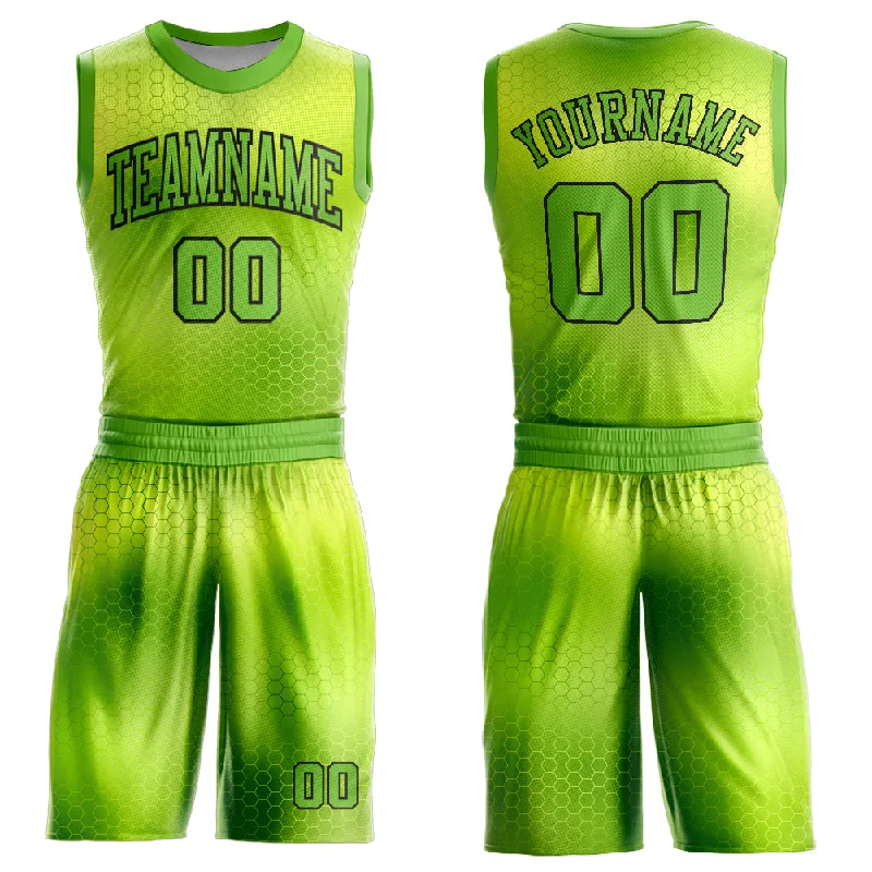 Basketball Jersey With Subtle Logos-Custom Neon Green Black Round Neck Sublimation Basketball Suit Jersey