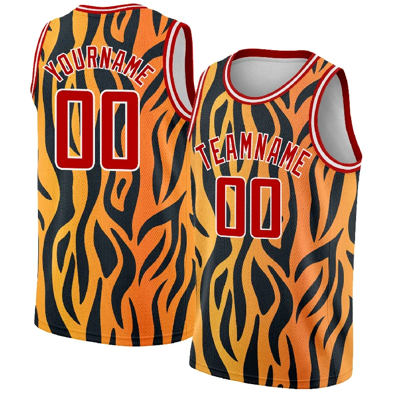 Basketball Jersey With Compression Fit-Custom Gold Red-Black 3D Pattern Design Tiger Prints Authentic Basketball Jersey