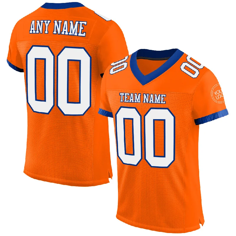 Football Jersey With Extended Length-Custom Orange White-Royal Mesh Authentic Football Jersey