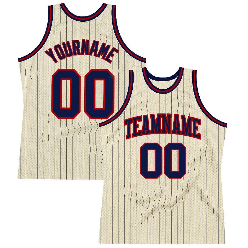 Basketball Jersey With Ribbed Armholes-Custom Cream Navy Pinstripe Navy-Red Authentic Basketball Jersey