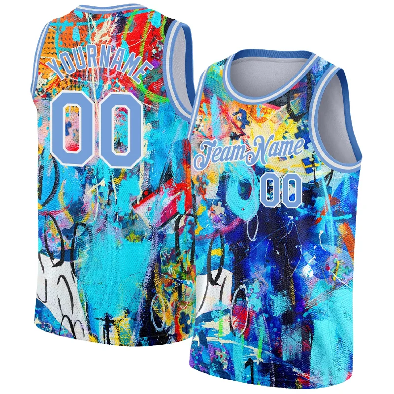 Basketball Jersey With Recycled Polyester-Custom Graffiti Pattern Light Blue-White 3D Grunge Art Authentic Basketball Jersey