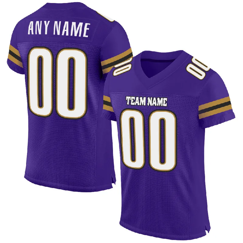 Football Jersey With Neon Colors-Custom Purple White-Old Gold Mesh Authentic Football Jersey