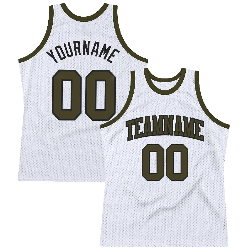 Basketball Jersey With Bold Graphic Print-Custom White Olive-Black Authentic Throwback Basketball Jersey