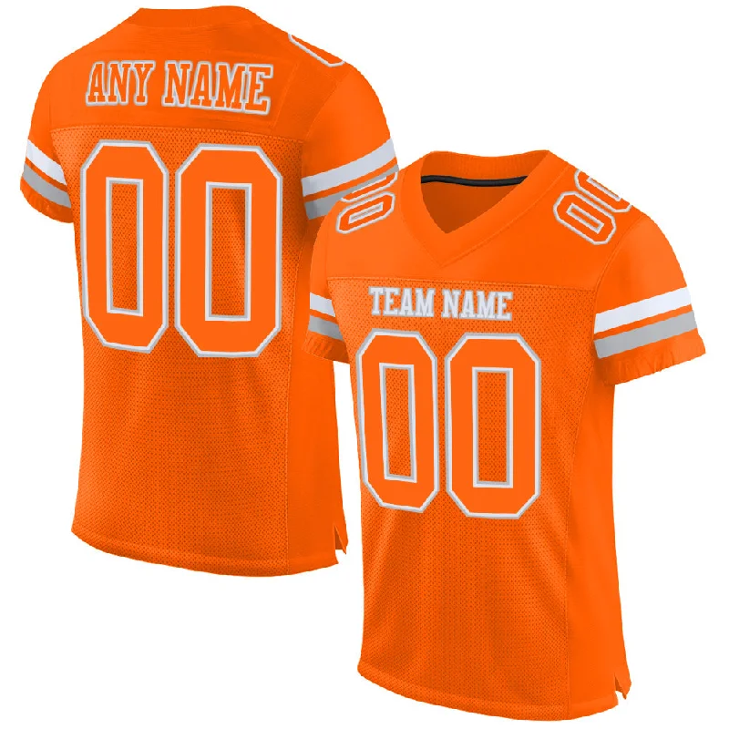 Football Jersey With Long Sleeves-Custom Orange White-Gray Mesh Authentic Football Jersey