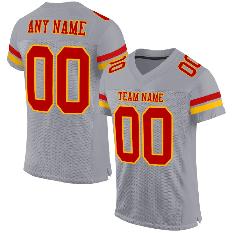 Football Jersey With Fade-Resistant Print-Custom Gray Red-Gold Mesh Authentic Football Jersey