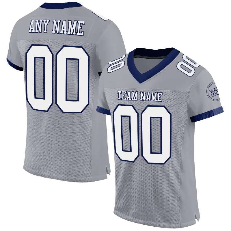 Football Jersey With Laser-Cut Perforations-Custom Gray White-Navy Mesh Authentic Football Jersey