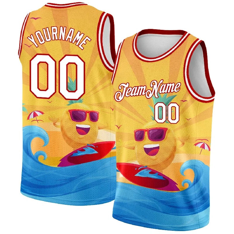 Basketball Jersey With Fade-Resistant Print-Custom Gold White-Red 3D Pattern Summer Beach Surfing Authentic Basketball Jersey