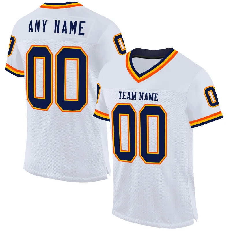 Football Jersey With Patches-Custom White Navy Gold-Orange Mesh Authentic Throwback Football Jersey