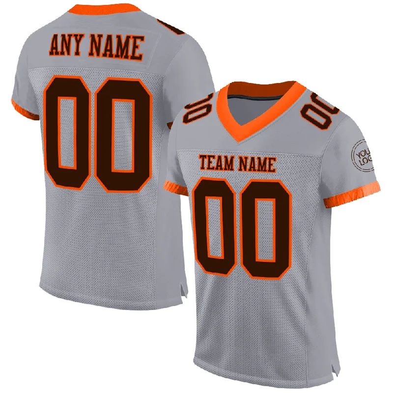 Football Jersey With Long Sleeves-Custom Gray Brown-Orange Mesh Authentic Football Jersey