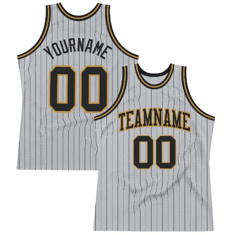 Basketball Jersey With Classic Pinstripes-Custom Gray Black Pinstripe Black-Old Gold Authentic Basketball Jersey