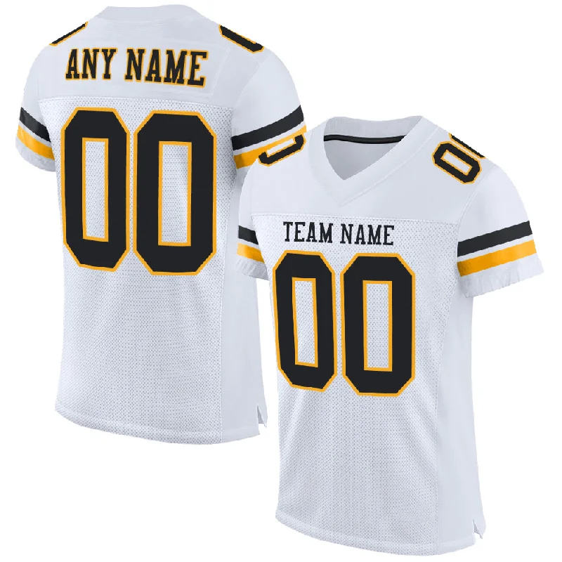 Football Jersey With 3D Embroidery-Custom White Black-Gold Mesh Authentic Football Jersey