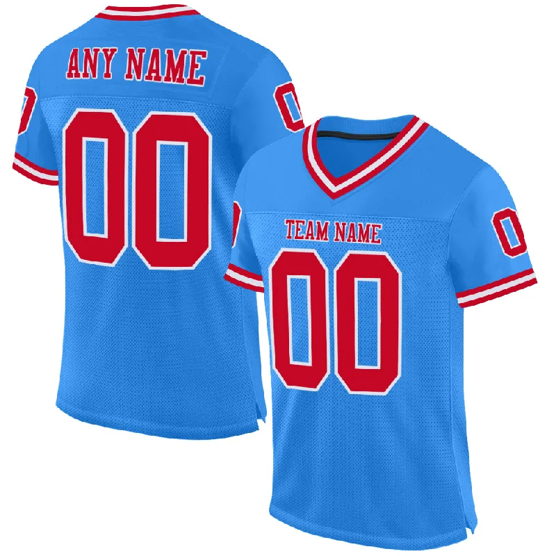 Football Jersey With Classic Football Script-Custom Powder Blue Red-White Mesh Authentic Throwback Football Jersey