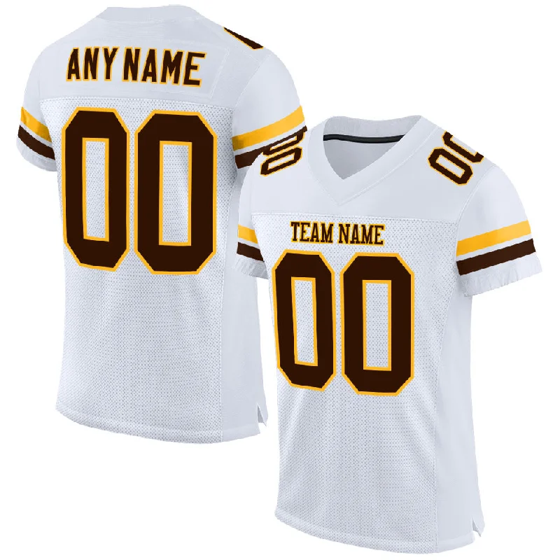 Football Jersey For Women-Custom White Brown-Gold Mesh Authentic Football Jersey