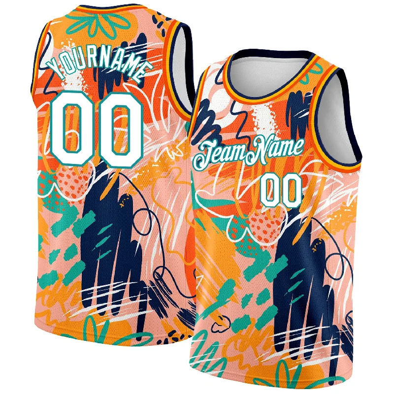 Basketball Jersey With Adjustable Fit-Custom Orange White-Teal 3D Pattern Abstract Hawaii Plant Graffiti Grunge Art Authentic Basketball Jersey