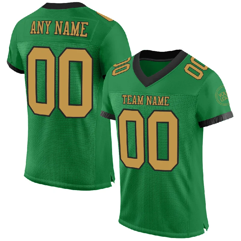 Football Jersey With Stripes-Custom Grass Green Old Gold-Black Mesh Authentic Football Jersey